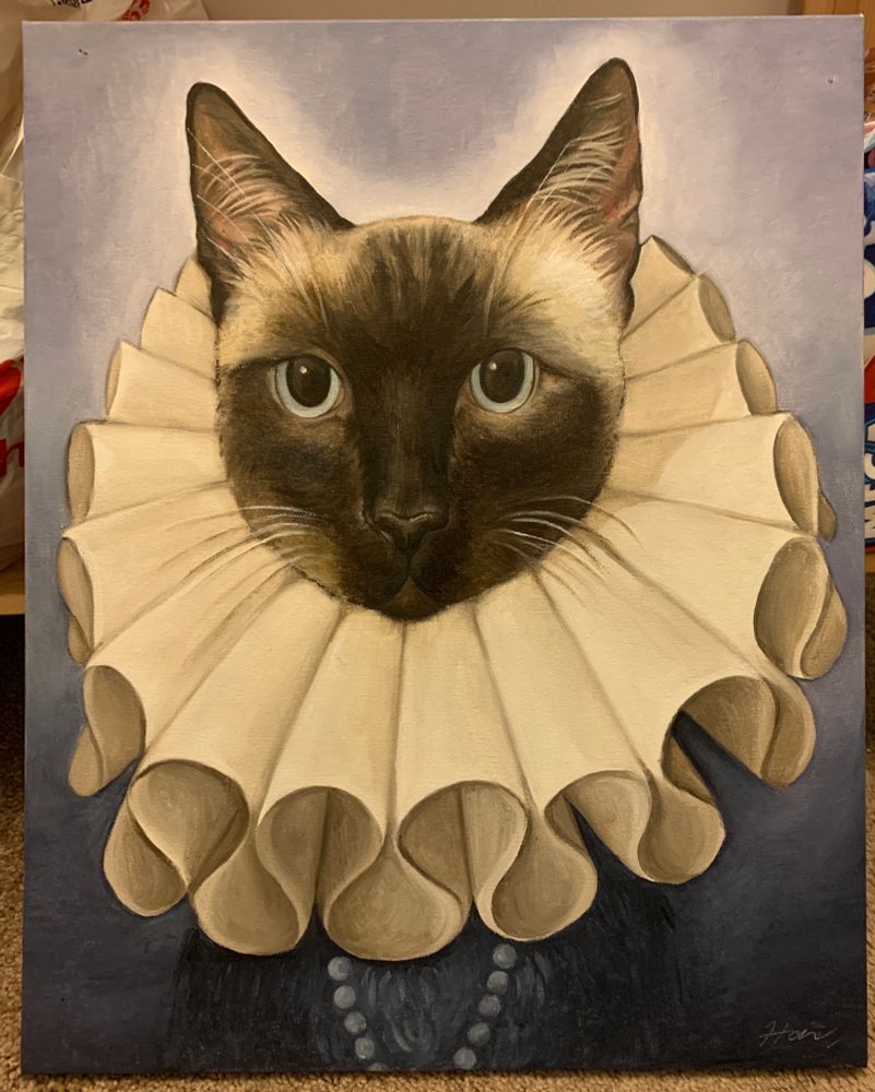 Painting of Morticia (siamese patterned cat) wearing a big ruff