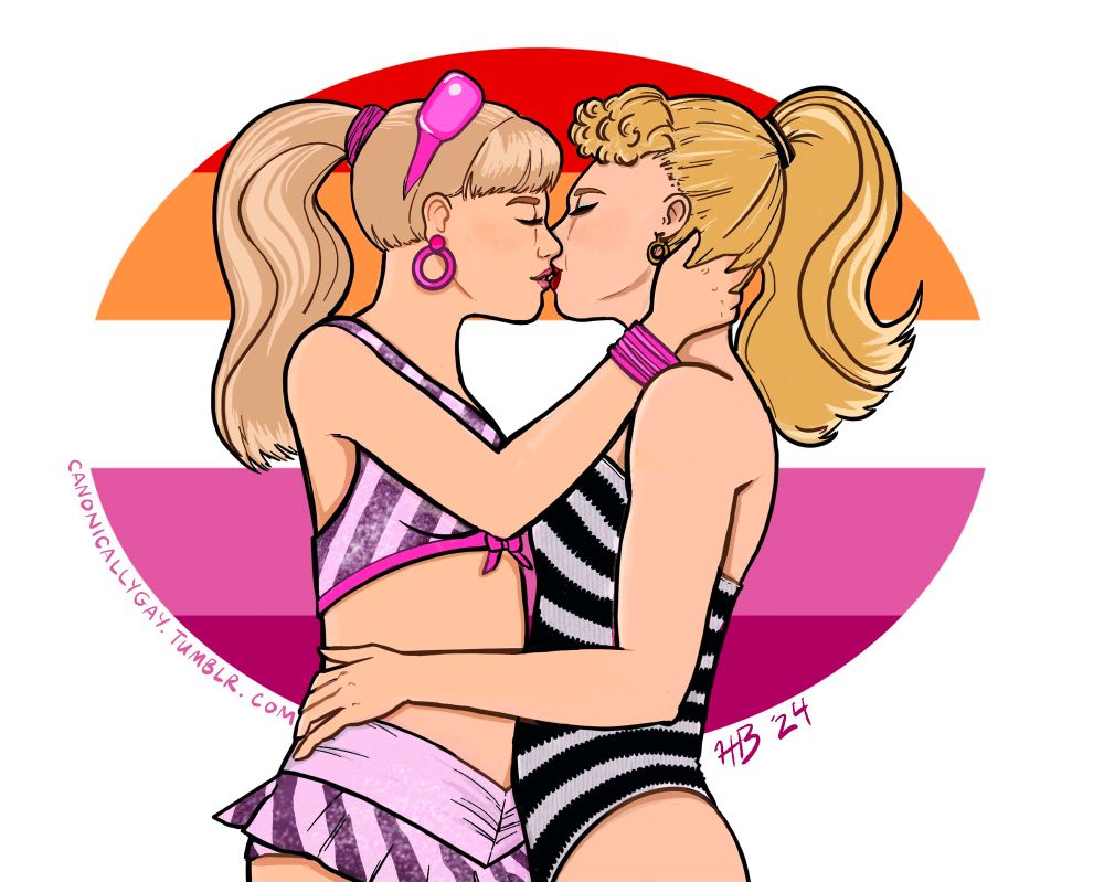 Two Barbies- the original 1959 doll (right) and the 2009 50th anniversary version of her (left) embracing and about to kiss in front of the lesbian flag. 1959 is wearing a black and white striped swimsuit and 2009 is wearing a two-piece version of the same with sparkles and pink accents. 2009 is holding the back of 1959’s head in her right hand while 1959 holds 2009’s waist with her left hand 