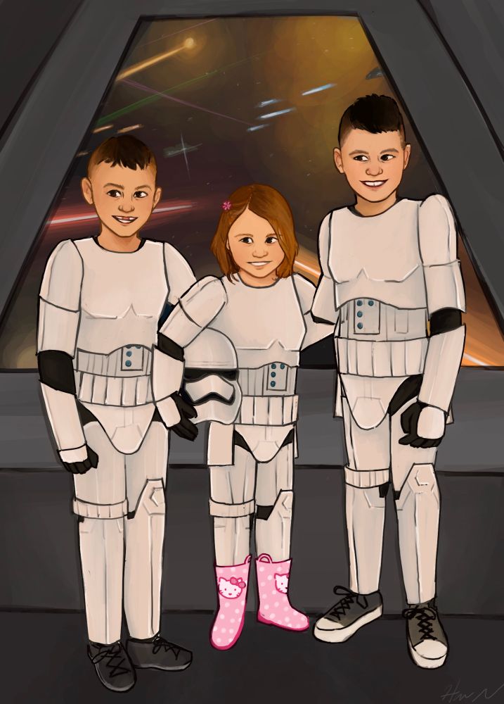 Commission of three kids dressed as stormtroopers. The girl in the middle is wearing pink hello kitty boots