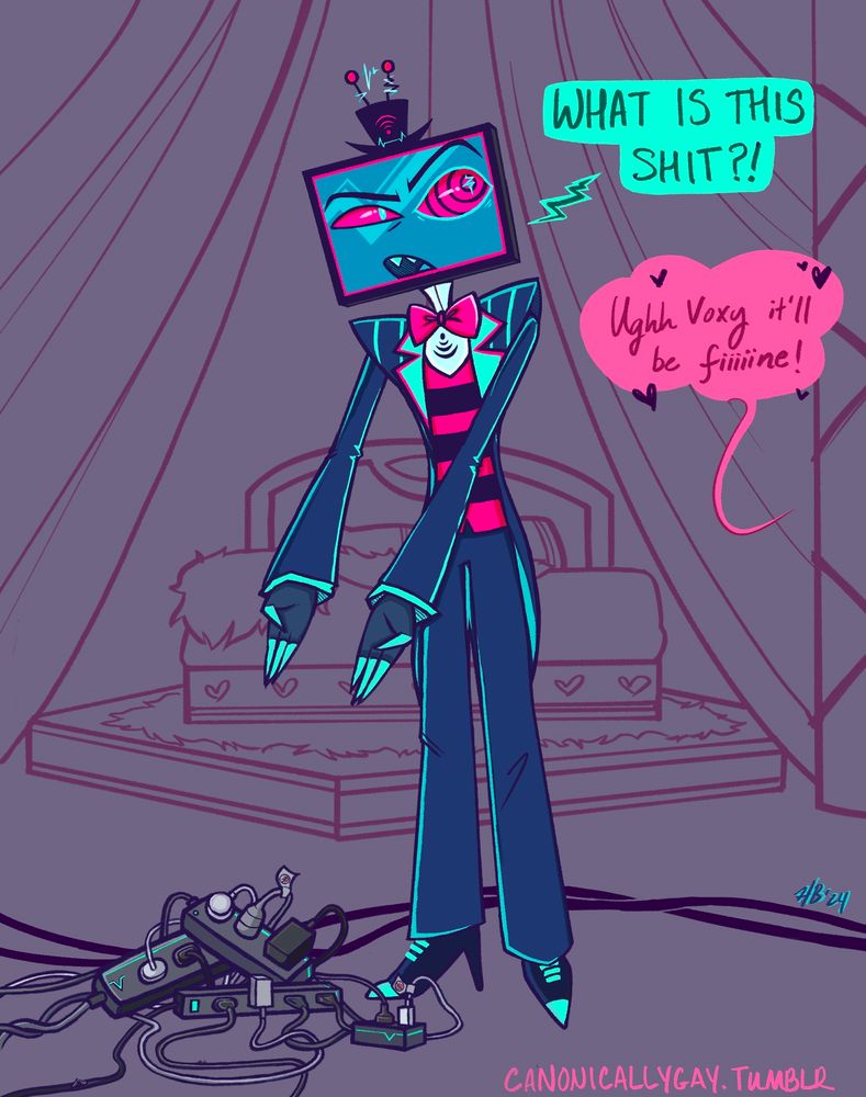 Hazbin Hotel fanart from my tumblr- Vox (TV head guy in a suit and bow tie) gestures to a pile of horribly tangled up cables on the floor and asks “WHAT IS THIS SHIT?!” Valentino replies from offscreen “Ugh Voxy it’ll be fiiiiine!” 