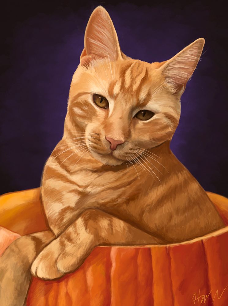 Digital painting of an orange cat popping out of a pumpkin
