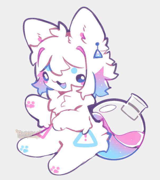 A little white fox with pink and blue accents. It has a round bottom flask for a tail
