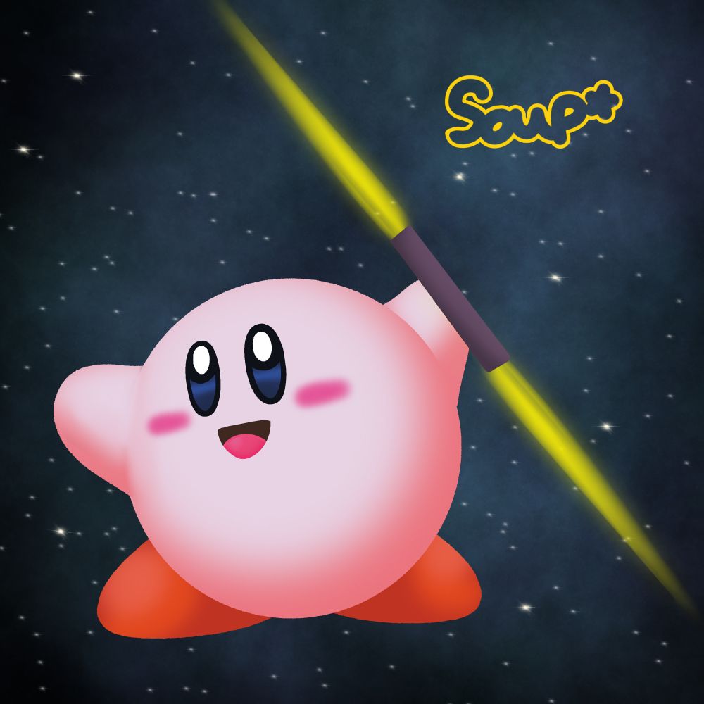 Kirby styled after his Kirby 64 appearance holding the light sword from that game.