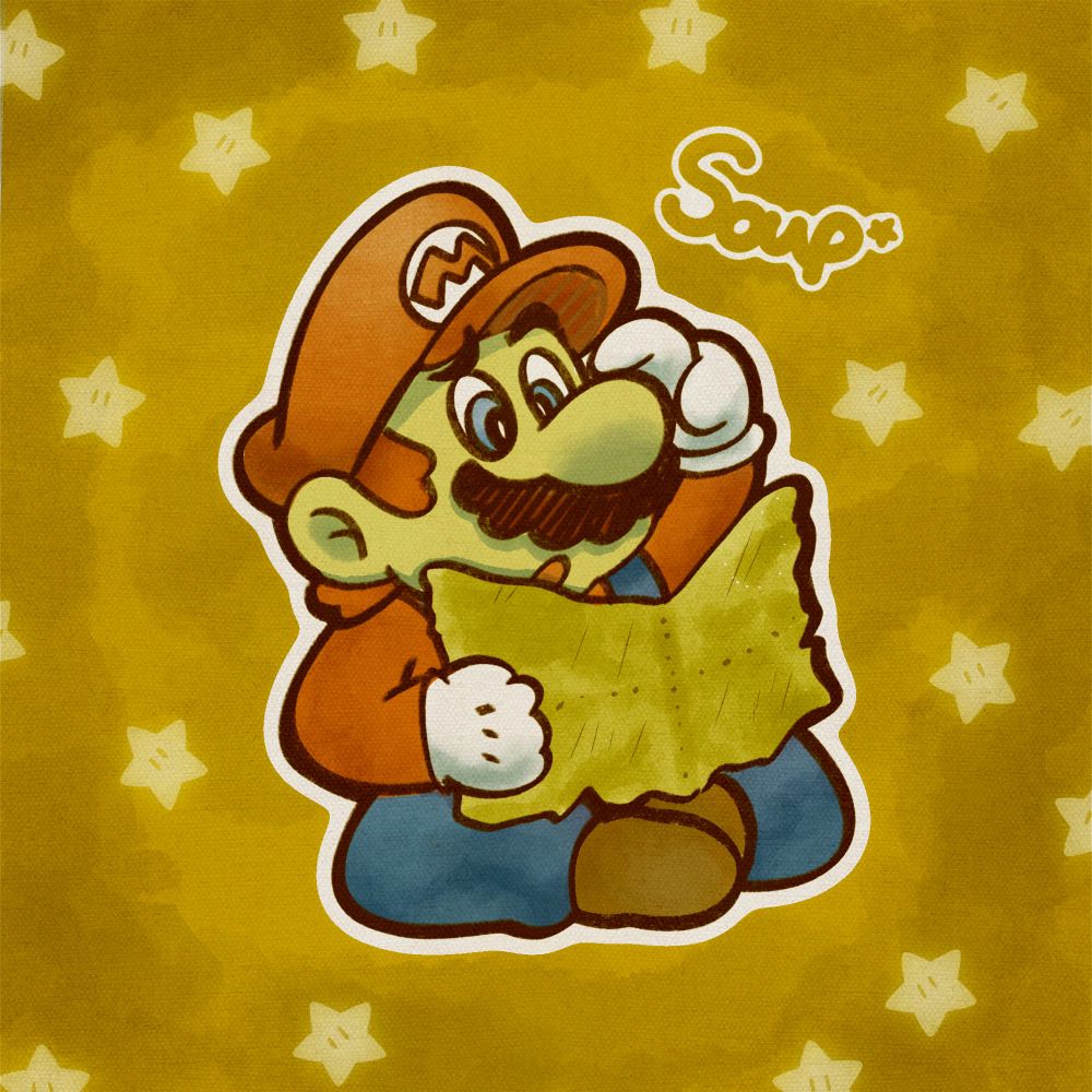 Super Mario reading a map with a confused expression on his face