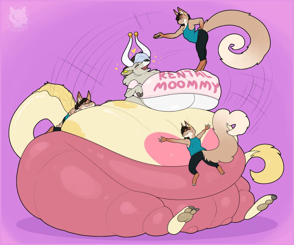 A big fat cow and wolf hybrid lady wearing yoga pants and a shirt with the words "Rental Moomy" is getting pet, rubbed and fed by a small anthro squirrel, who moves quickly along her body to provide comfort and affection from all around.