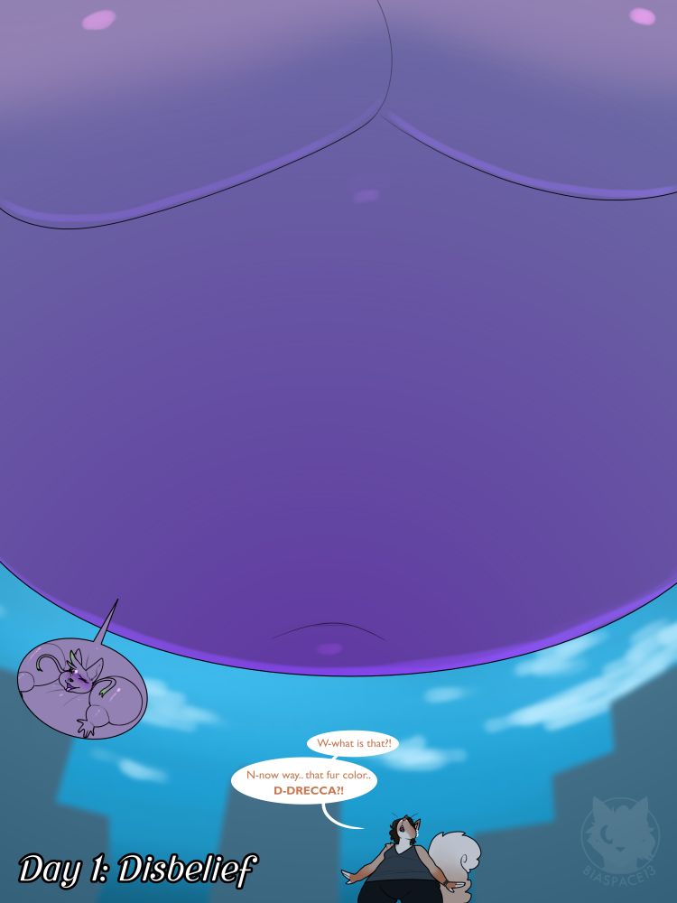 A giant inflated wolf girl character looming over a small town, only her belly and part of her breasts are showing, underneath her, a red squirrel character looks up at her in shock, asking: "What is that?! No way.. that fur color.. DRECCA?!"

At the bottom, a brief block of text writes: "Day 1: Disbelief" in reference to it being the prompt for the first day of the Airborne August drawing challenge.