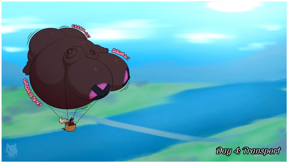 A wide landscape is shown, in the middle left, a large hot air balloon floats around with a small basket carrying a passenger underneath it. The hot air balloon is a giant, inflated enderwoman, with her body stretched and inflated to be curvy and round, the passenger is a furry style squirrel saying "Weeeee!"