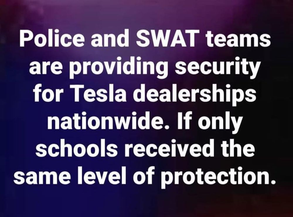 Police and SWAT teams are providing security for Tesla dealerships nationwide. If only schools received the same level of protection.