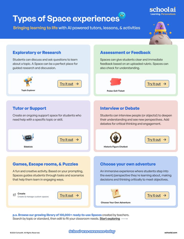 Explore all the different types of Spaces we have, from tutors to feedback to choose your own adventure.