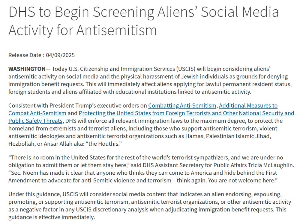 screenshot of USCIS press release announcing screening for antisemitism