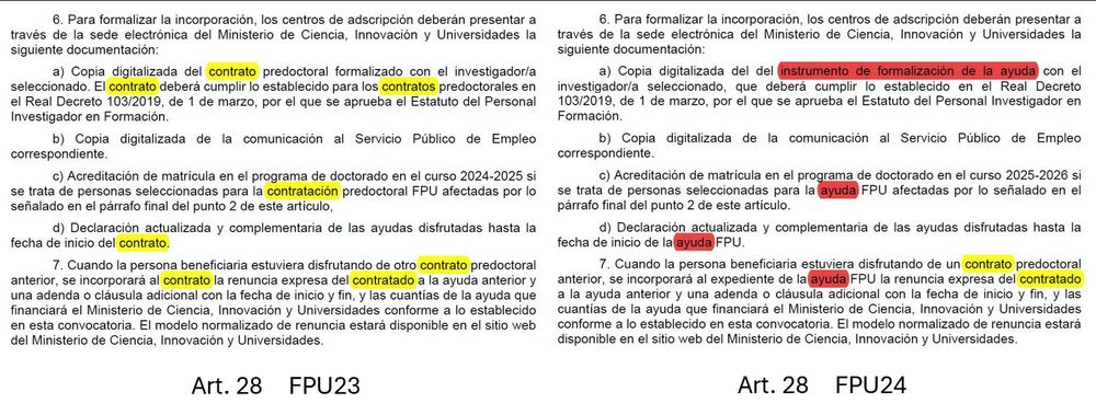 Comparación de la redacción del artículo 28 de las FPU 23 y 24, donde desaparece la mayoría de referencias al término "contrato"