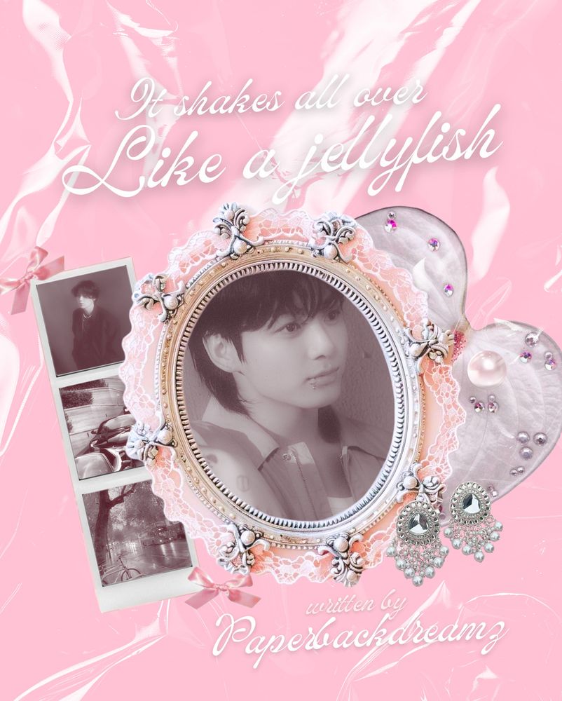 it shakes all over like a jellyfish, by paperbackdreamz

Pink background with a shiny filter and some decorations, a framed photo of Jungkook over the top, and a strip of photobooth style black and white photos.