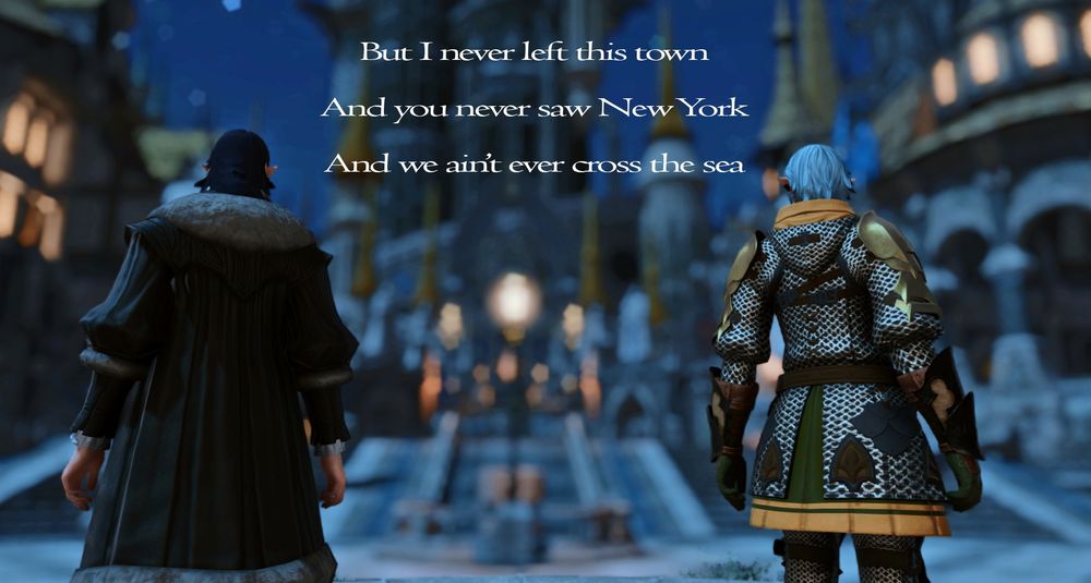 Wide shot of Artoirel and Haurchefant staring up at Ishgard, lyrics to Always Gold sit between them