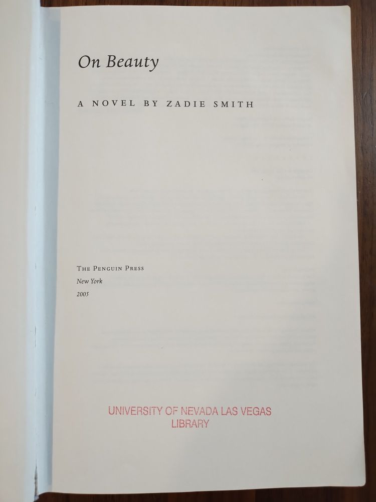 First page of the novel On Beauty by Zadie Smith, with "University of Nevada Las Vegas" stamped on the bottom
