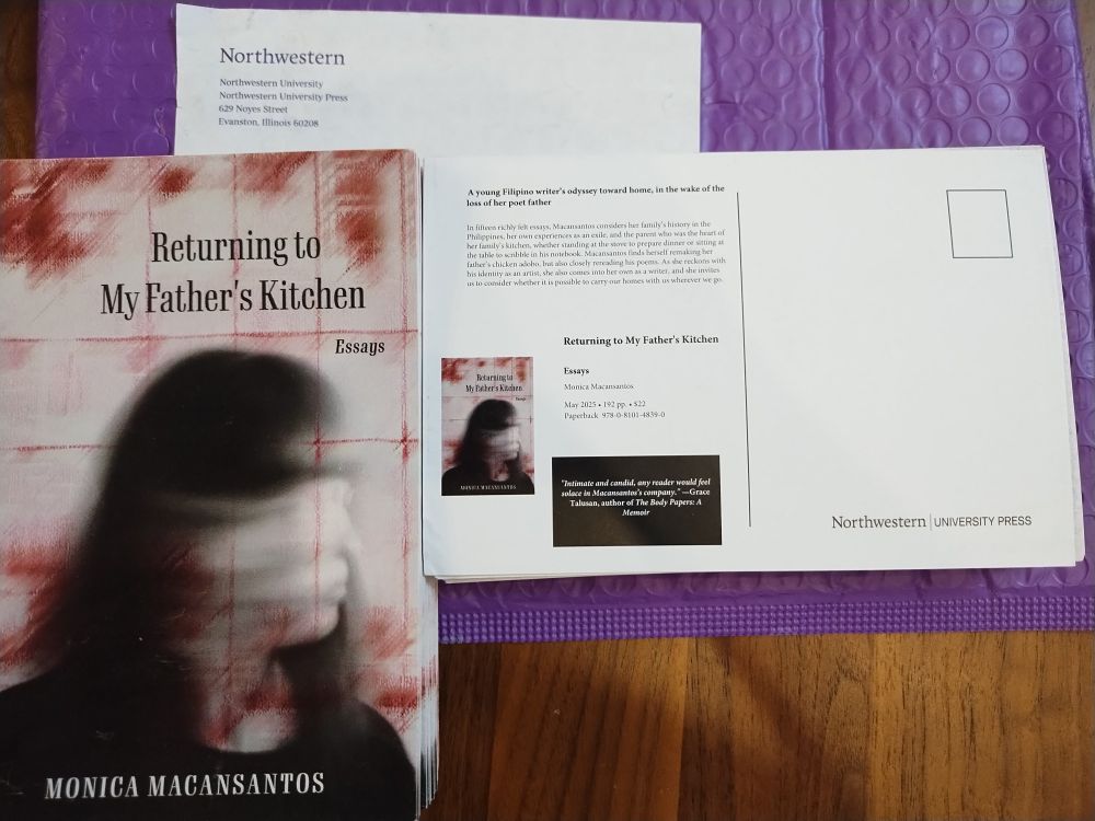 Front and back images of a postcard featuring the cover of the book "Returning to my Father's Kitchen: Essays" by Monica Macansantos. Woman turning head rapidly against a maroon checkered background
