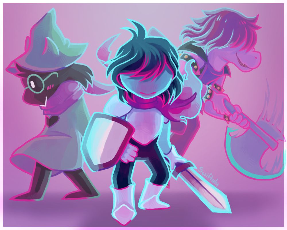 Art depicting of Deltarune characters Ralsei, Kris, and Susie battle ready