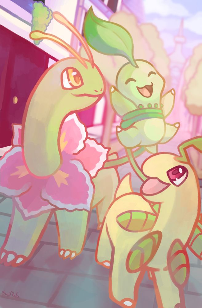 A Chikorita being held up by a Bayleef and a Meganium. They are taking a stroll down a street of Lumiose City, a soft sunset adds a pink hue everything around them and on them