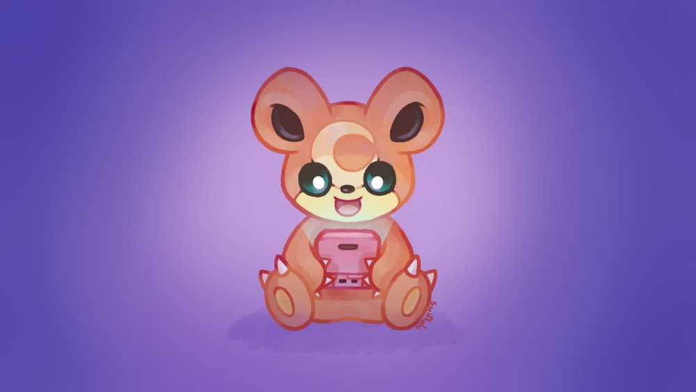 An art piece of a Teddiursa sitting and playing on its pink Gameboy Advance SP