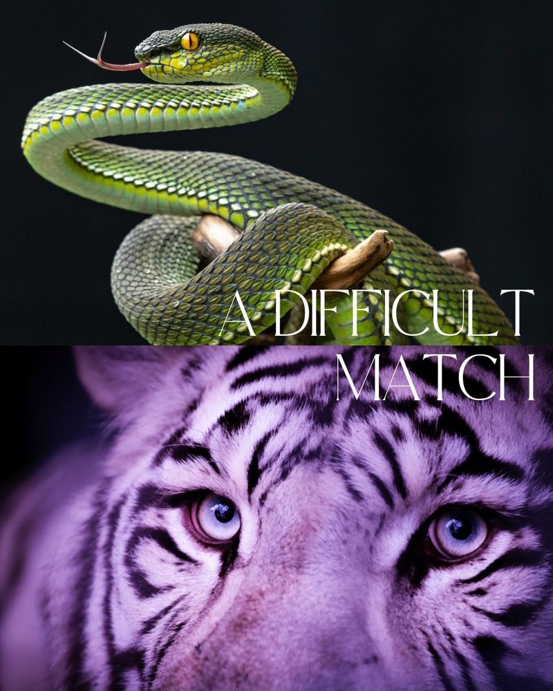 A collage of a green snake and a white tiger (colored with a purple tone) and the title ”A difficult match”. 