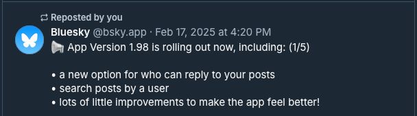 A Bluesky post with the full post date and time showing instead of the time since post. In this case, "Feb 17, 2025 at 4:20 PM" 