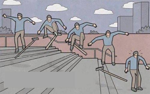 multi frame cartoon of a guy doing a pop shove it down stairs on a rake and the rake hits him in the face