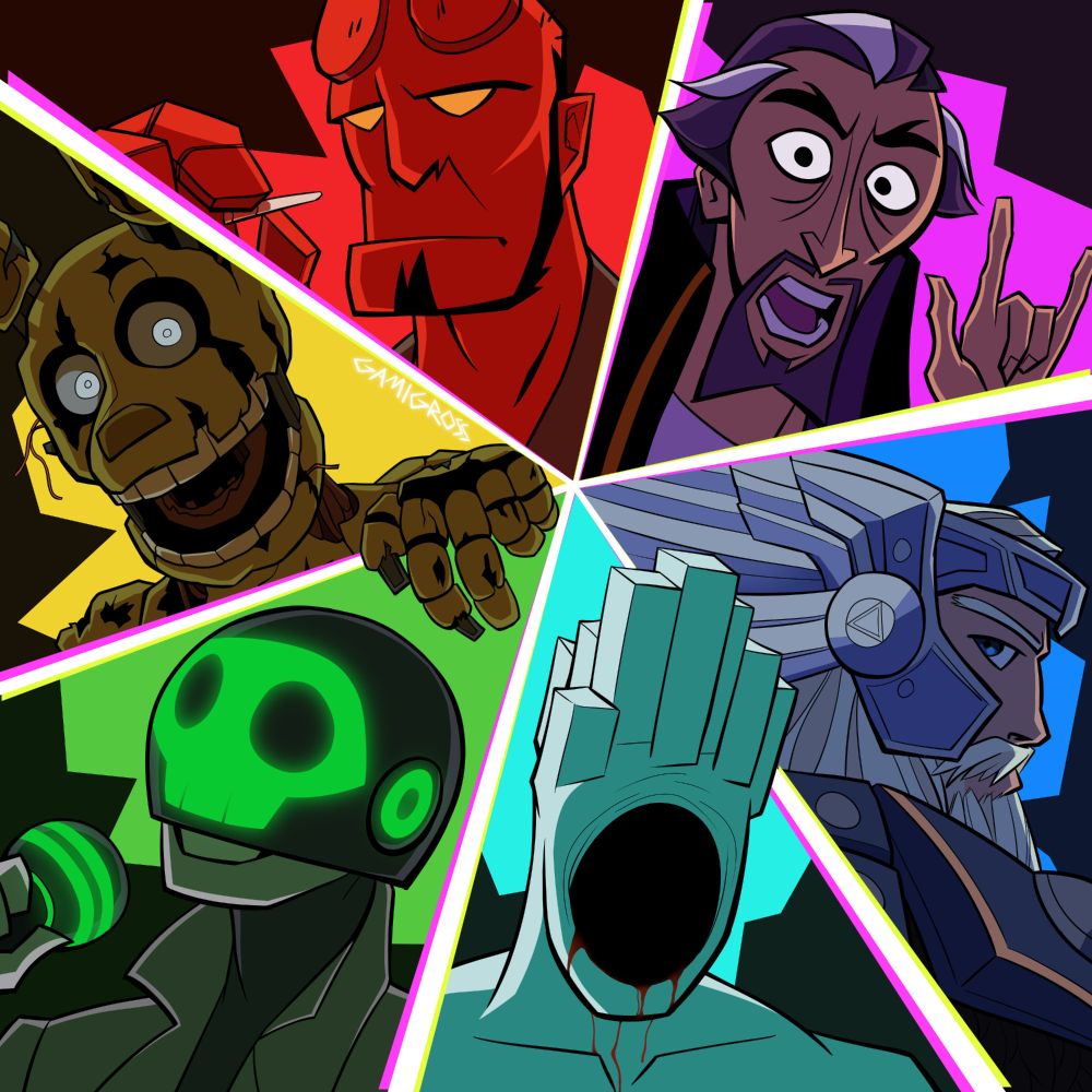 square image divided into 6 slices of 6 different colors. red section has hellboy holding a cigarette, purple section has dr orpheus from the venture bros, blue section has thor from marvel rivals, cyan section has minos prime from ultrakill, green section has rust from the living tombstone, yellow section has springtrap from fnaf