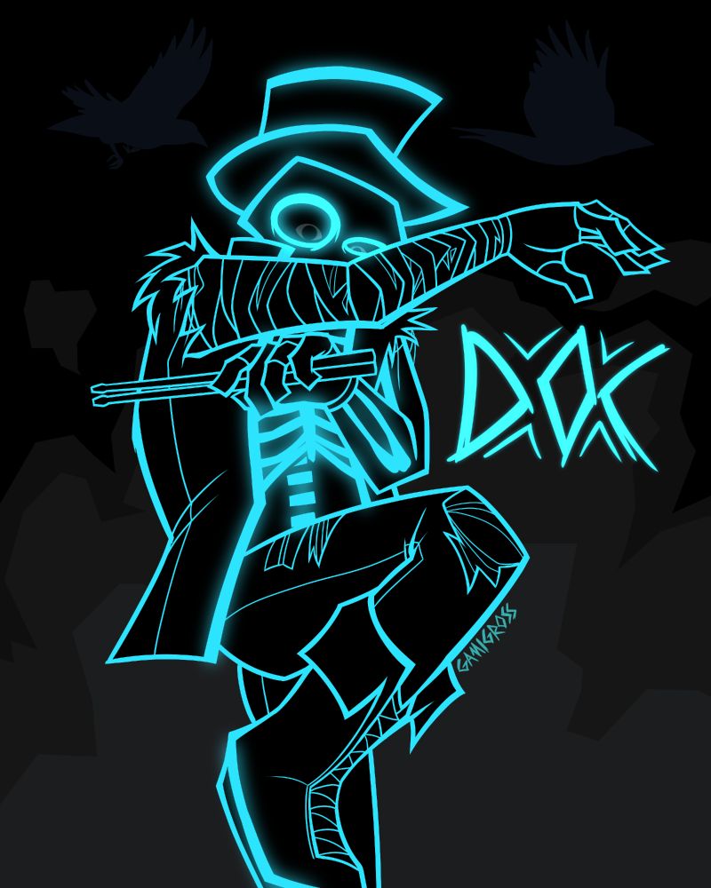 digital illustration of doc from the living tombstone striking a pose in front of a smokey background as crows fly behind him