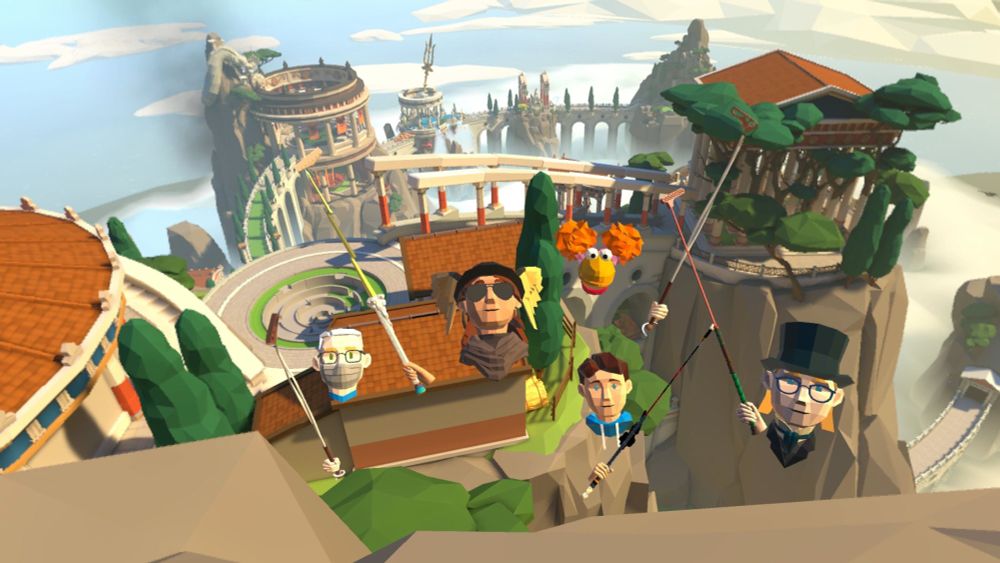 A group of intrepid golfing adventurers (who are also members of TFOM) posing on the edge of a cliff face with the Mount Olympus world of Walkabout Mini Golf visible behind.