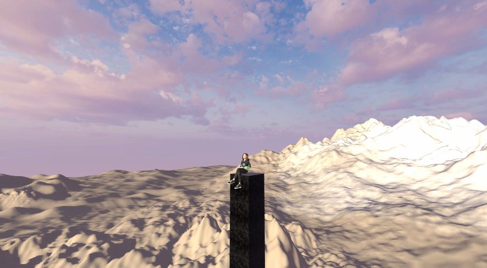 A small figure sits atop a tall pillar of carbon, stretching high into the sky, surrounded by a bleak mountainous wasteland with a blue sky patched with pink clouds above - a virtual representation of the cost of astronomy travel, created by Glen Rees as part of "The Future of Meetings" (TFOM). 
