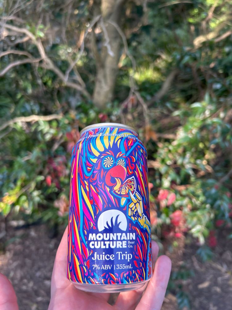 A colorful can of mountain culture’s juice trip. It’s a fruity hazy beer