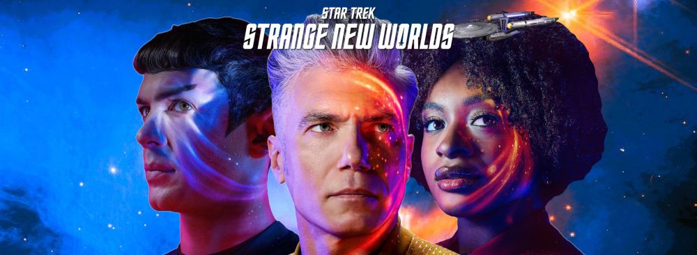 Image of Spock, Pike and Uhura on a blue starfield with the USS Enterprise and series logo at the top.