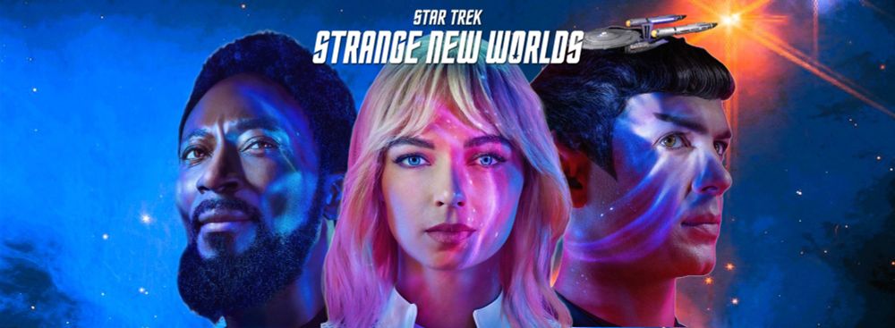 Image of M'Benga, Chapel and Spock on a blue starfield with the USS Enterprise and series logo at the top.