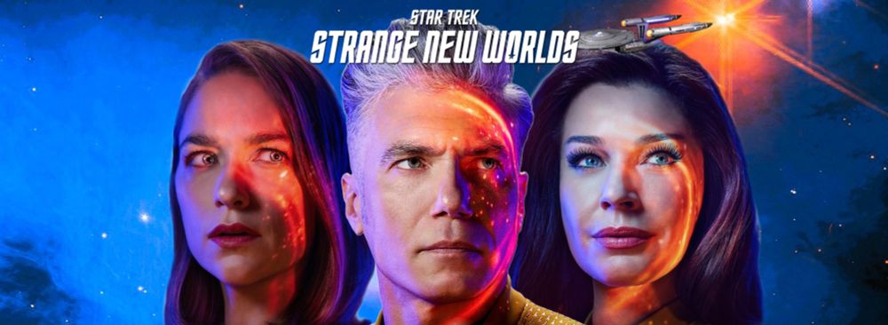 Image of Batel, Pike and Una on a blue starfield with the USS Enterprise and series logo at the top.