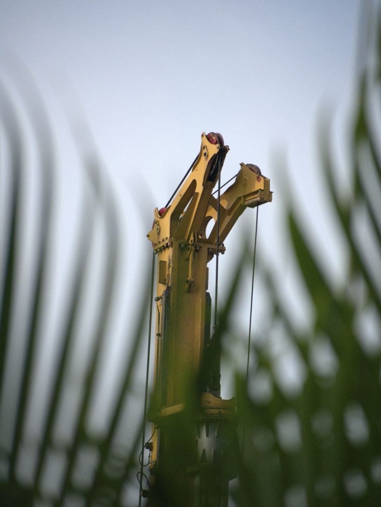 A heavy machine that looks like a dinasaur emerging from some foliage.