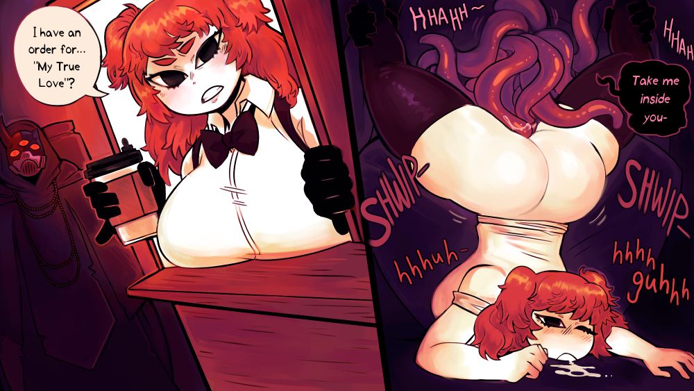 panel 1: a busty young woman calls out a pickup coffee order and says "I have an order for My True Love?". An ominous weirdo is in the shadows out of sight.
panel 2: said ominous weirdo plowing the young woman with fleshy tentacles. he says "take me inside you".