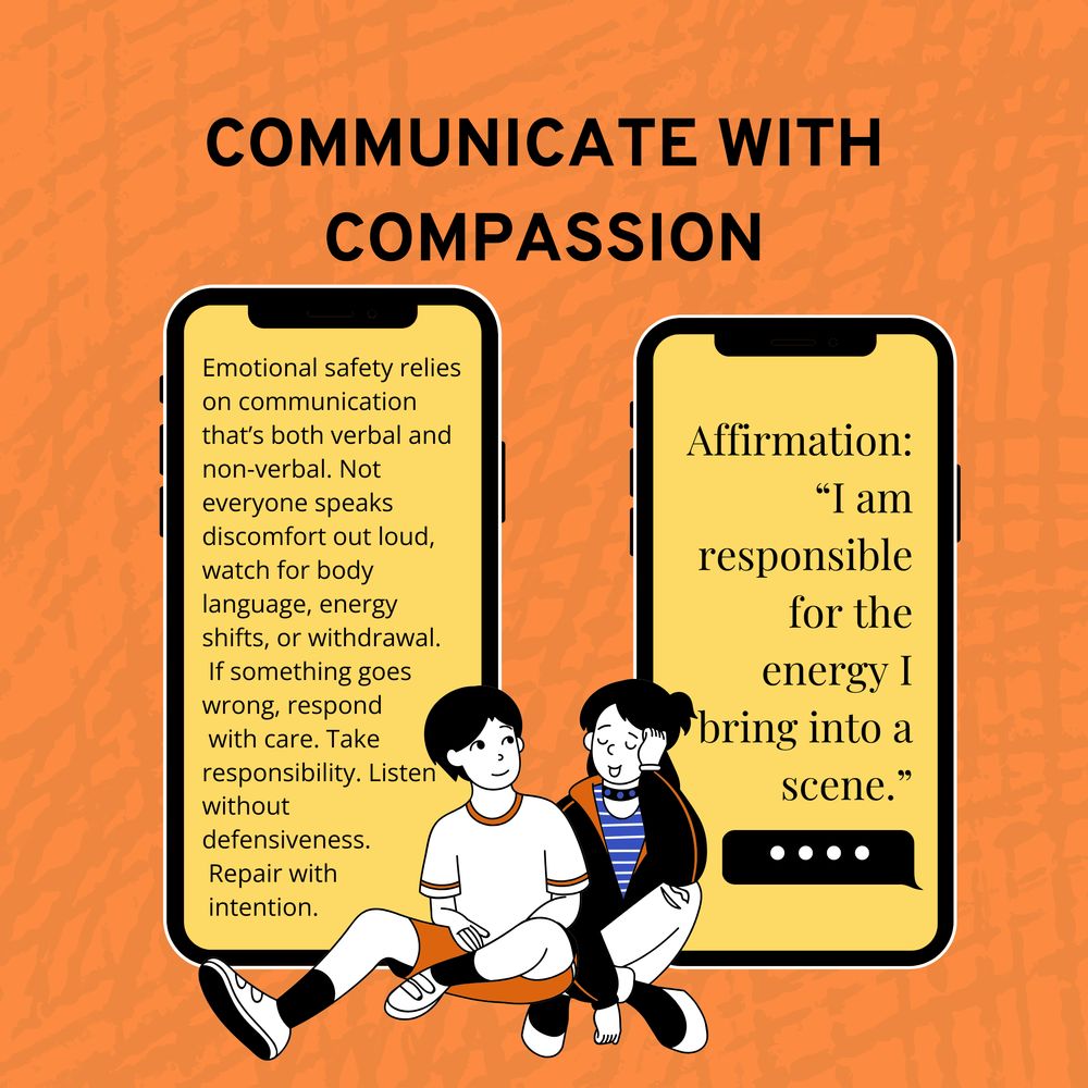 An orange textured background with bold black text at the top: “COMMUNICATE WITH COMPASSION.” Two smartphones appear side-by-side. The phone on the left contains a message in black text on a yellow background discussing the importance of emotional safety through both verbal and non-verbal communication. It advises watching for body language, energy shifts, or withdrawal, and stresses responding with care, listening without defensiveness, and repairing with intention. The right phone shows an affirmation: “I am responsible for the energy I bring into a scene.” At the bottom, a cartoon-style illustration shows two people sitting close together; one has short hair and a white-and-orange outfit, and the other has pigtails and wears a striped shirt and black jacket, with a calm expression.