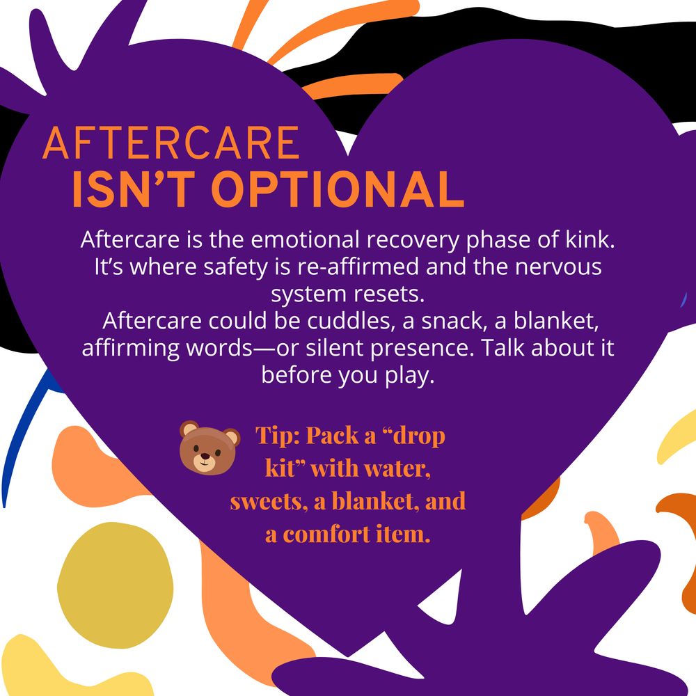 A heart-shaped purple graphic with bold orange text at the top that reads “AFTERCARE ISN’T OPTIONAL.” Below, white text explains that aftercare is the emotional recovery phase of kink, where safety is reaffirmed and the nervous system resets. It mentions that aftercare can include cuddles, snacks, a blanket, affirming words, or simply being present. It emphasizes discussing aftercare before play. At the bottom left, there’s a bear emoji next to orange text: “Tip: Pack a ‘drop kit’ with water, sweets, a blanket, and a comfort item.” The background is a colourful abstract pattern of organic shapes in orange, yellow, black, and blue.