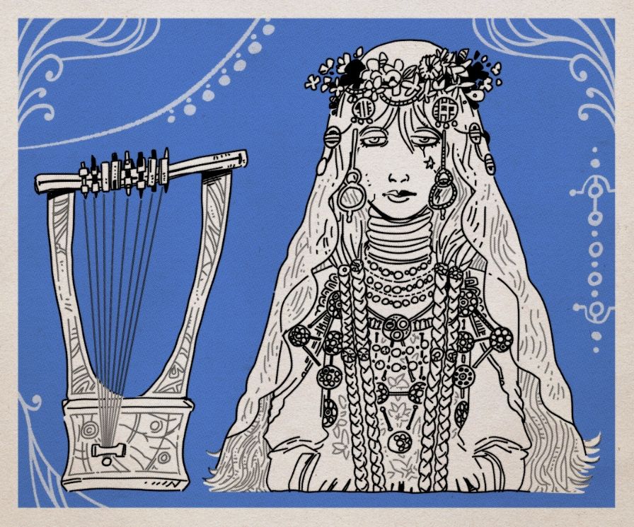 Digital, monochrome drawing of revenant, from Elden Ring: Nightreign. She's a young looking doll woman, with long hair, flowy clothes and numerous pieces of jewelry on her. She has a crown of flowers and an apathetic expression. Next to her is the arp she uses, with an irregular shape and wavy carvings on it. 