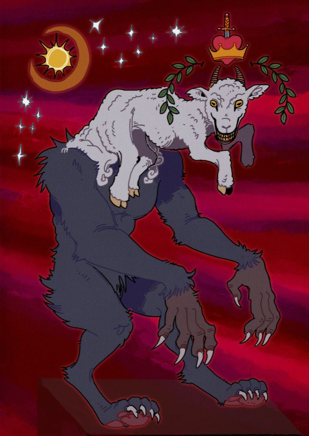 Digital illustration of a hybrid creature. it has the body of what would seen a big wolf or lycanthrope, with dark fur, but in place of its head there is a whole lamb, sprouting from the shoulders. The lamb is smiling to the viewer, with perhaps too many teeth. There's a stabbed heart inside of a crown above its head, and a laurel arc to each side. Behind it, the moon and 12 stars.