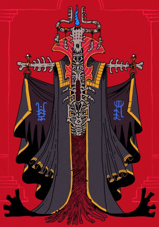 Digital drawing of a very elegant demon, a slender figure clothed in dark robes with golden rims.

The robe is open, revealing an abstract array of bones, which descend into a fleshy lower body. Two long, ribbed bones hang perpendicular at each side, holding a veil over the demon's backk in which two blue symbols can be seen.

The head of the demon comes out of a half-circle-shaped collar, and has the shape of a goat skull, or a similar animal. More bones hang from his horns, and a blue flame rests in between them.