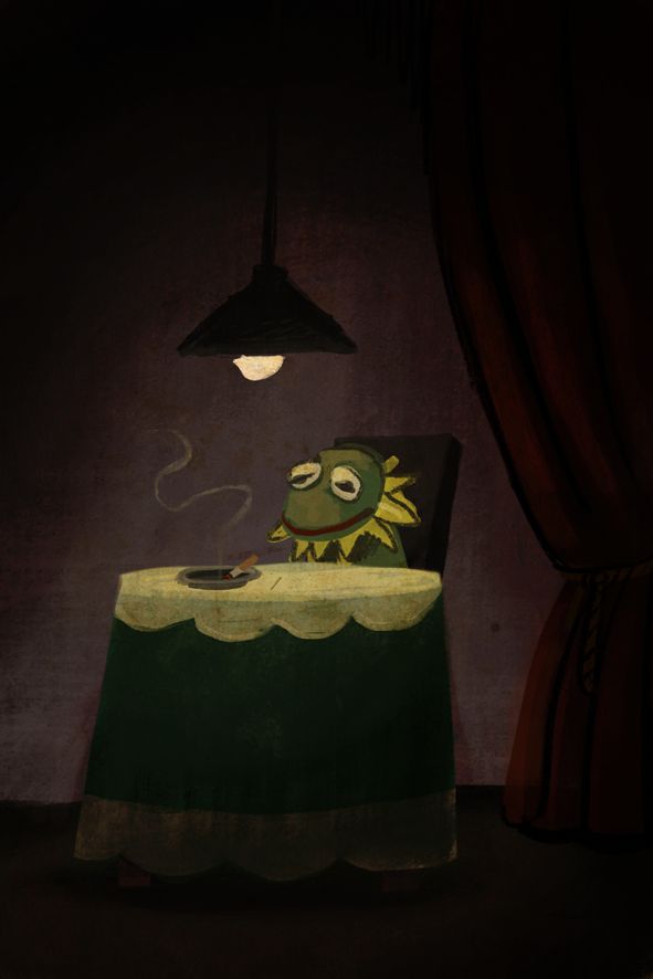 A digital painting in muted, earthy tones, very dirty, of Kermit the frog sitting on a small, round table, in front of a metalic ashtray with a lit cigarette in it, smoke rising from it. There's a low hanging light above him, red curtains on the side and a clear wall behind him, although dimly lit, like everything else. Kermit seems sad and depressed, looking at the cigarette. The mood is low and paused.