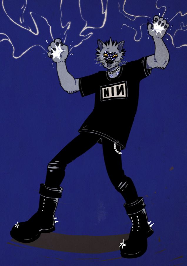 Digital illustration of an anthro cat with black attire: a big Nine Inch Nails t-shirt, some ripped black jeans and a couple big boots. His hands sparkle with electricity. His face is dark, with numerous spikey piercings in it, and a mocking expression in it.