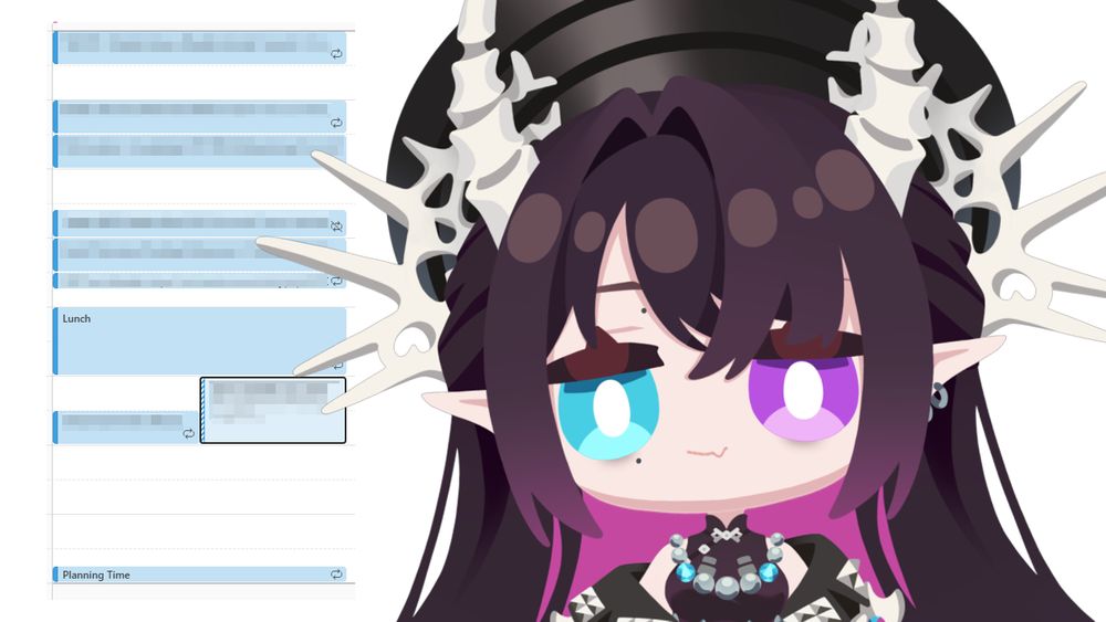 A screenshot of Lan's work calendar for today. Lan looks back, with dark circles under her eyes, tired. 