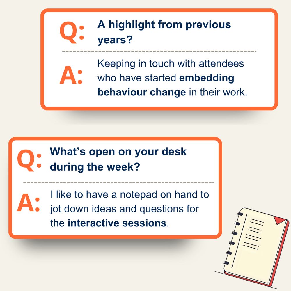 Q. A highlight from previous years? A. Keeping in touch with attendees who have started embedding behaviour change in their work. Q. What’s open on your desk during the week? A. I  like to have a notepad on hand to jot down ideas and questions for the interactive sessions.