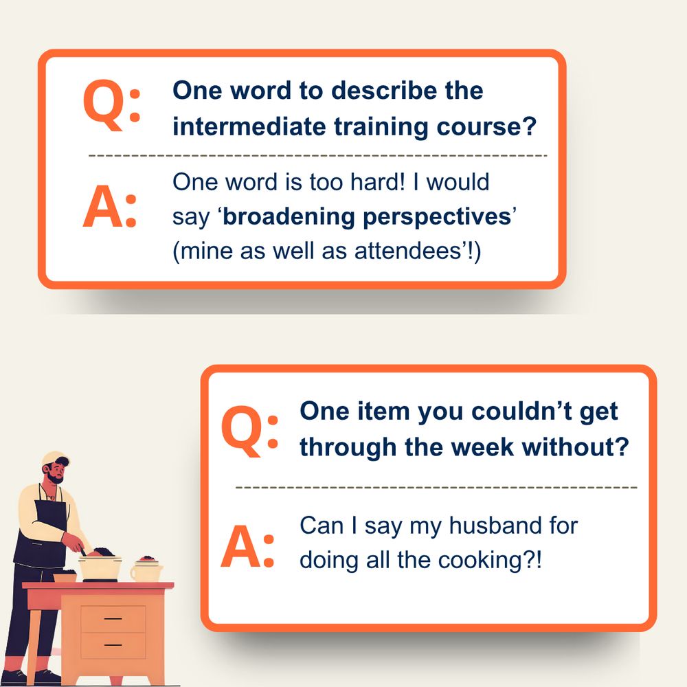 Q. One word to describe the intermediate training course? A. One word is too hard! I would say 'broadening perspectives' (mine as well as attendees’!). Q. One item you couldn’t get through the week without? A. Can I say my husband for doing all the cooking?!