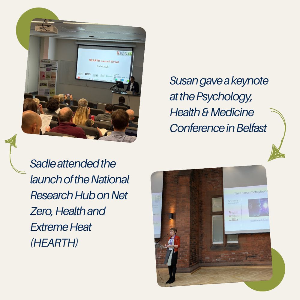 Image of Susan giving a keynote at the Psychology, Health & Medicine Conference in Belfast.
Image of a speaker and audience. Image caption: Sadie attended the launch of the National Research Hub on Net Zero, Health and Extreme Heat (HEARTH). 