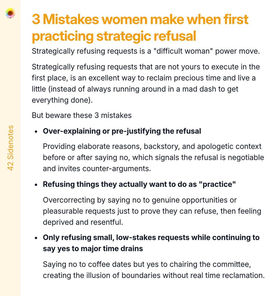 Screenshot essay titled '3 Mistakes women make when first practicing strategic refusal'. The body text discusses the concept of strategic refusal as a powerful tool for reclaiming time. It highlights three common mistakes: 1) Over-explaining or pre-justifying refusals, which can make the refusal seem negotiable; 2) Practicing refusal by declining genuinely enjoyable opportunities, leading to feelings of deprivation; 3) Only refusing low-stakes requests while still agreeing to significant commitments, creating a false sense of boundaries. The essay emphasizes the importance of strategic refusal in empowering women.