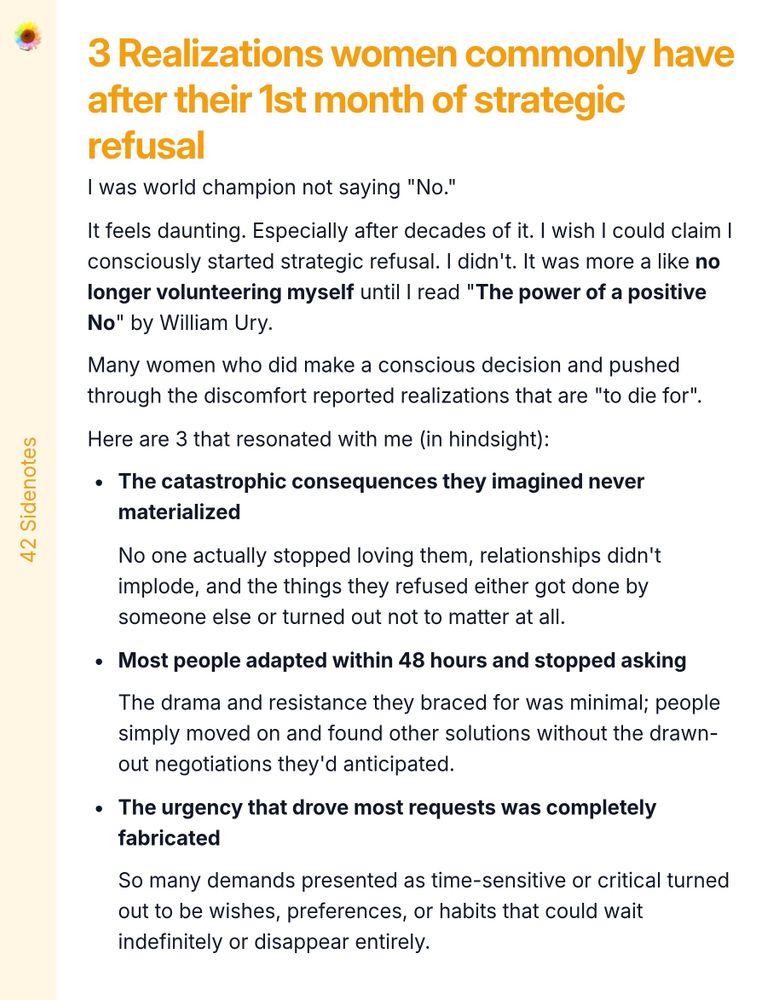 Screenshot essay titled '3 Realizations women commonly have after their 1st month of strategic refusal' discusses the author's journey of learning to say no. The text begins with the author reflecting on her past tendencies to avoid saying no, highlighting a transformative moment triggered by the book 'The Power of a Positive No' by William Ury. The essay outlines three key realizations women experience after embracing refusal: 1) The imagined catastrophic consequences of saying no never occurred; relationships remained intact and tasks were managed by others. 2) People quickly adapted to their refusal, often ceasing to ask for favors within 48 hours. 3) Many urgent requests were actually non-essential, revealing that most demands were exaggerated and could wait or be ignored.