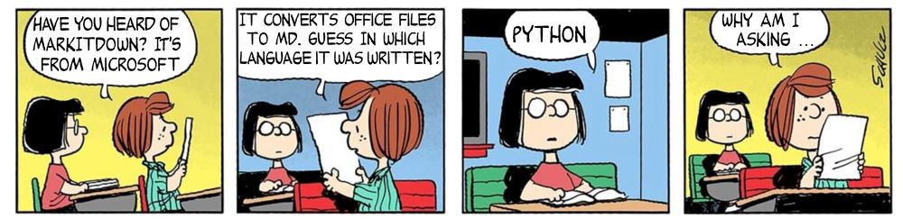 Patty asks Marcie: In whicht language was MarkItDown written. Marcie nails it: Python