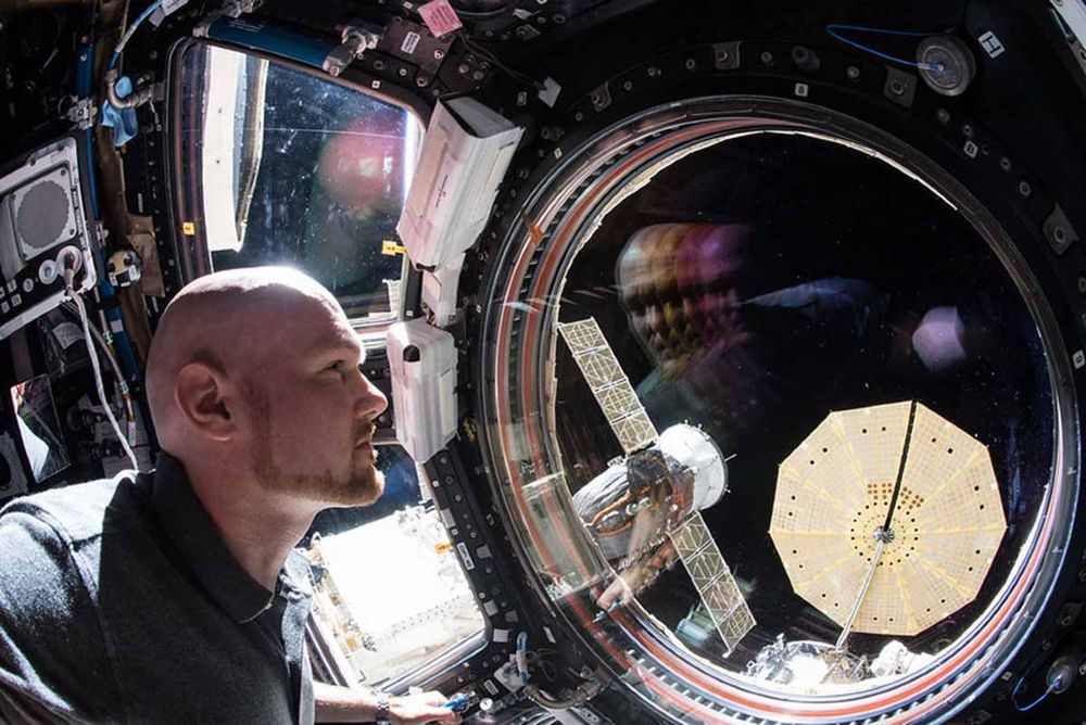 L'astronaute de l'ESA Alexander Gerst regarde par une grande fenêtre circulaire de la Station spatiale internationale, avec des vaisseaux visibles à l'extérieur.